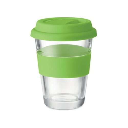 Glass tumbler with silicone lid and grip