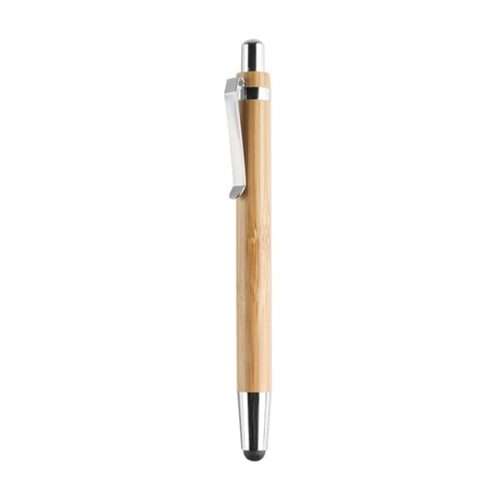 Push button ballpen in bamboo with stylus and shiny chrome fitting. Blue ink.