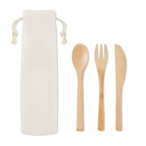 Re-usable bamboo cutlery set in canvas pouch