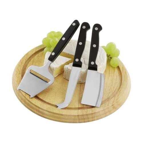 Wooden cheese board with 3 stainless steel knives