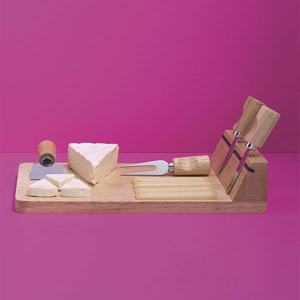 Wooden cheese board with five accessories