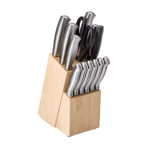 Stainless steel and PP fourteen piece kitchen set in a rubber wood block, consists out of: a pair of scissors, a sharpening tool and eleven different knives.