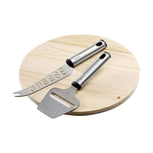 Wooden cheese board with knife and slicer