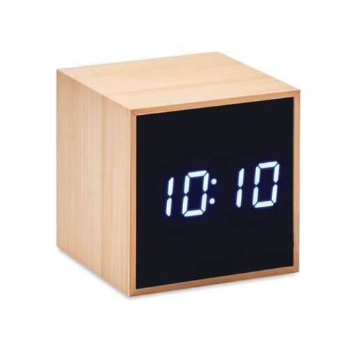 Cube alarm clock in bamboo casing