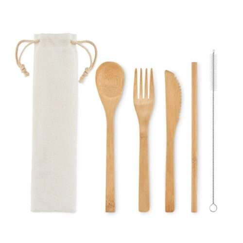 Bamboo cutlery with straw and pouch