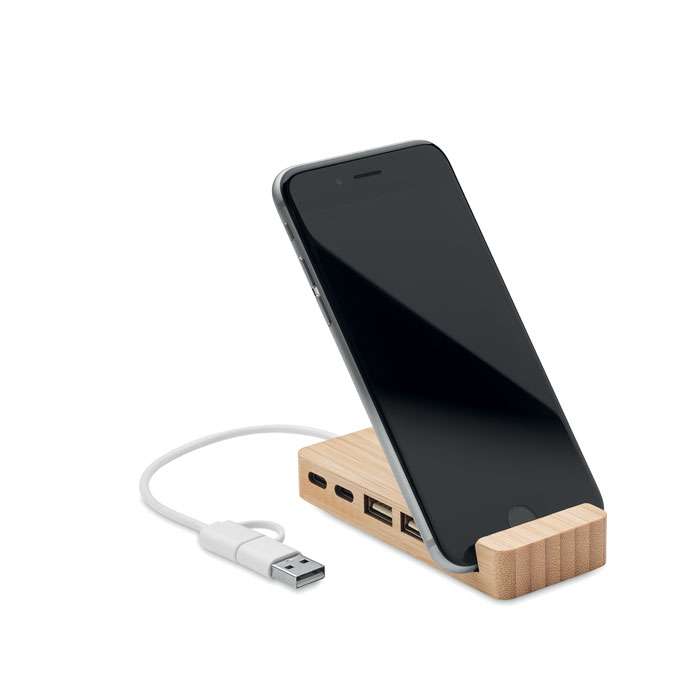 Bamboo USB-C/A hub with phone stand